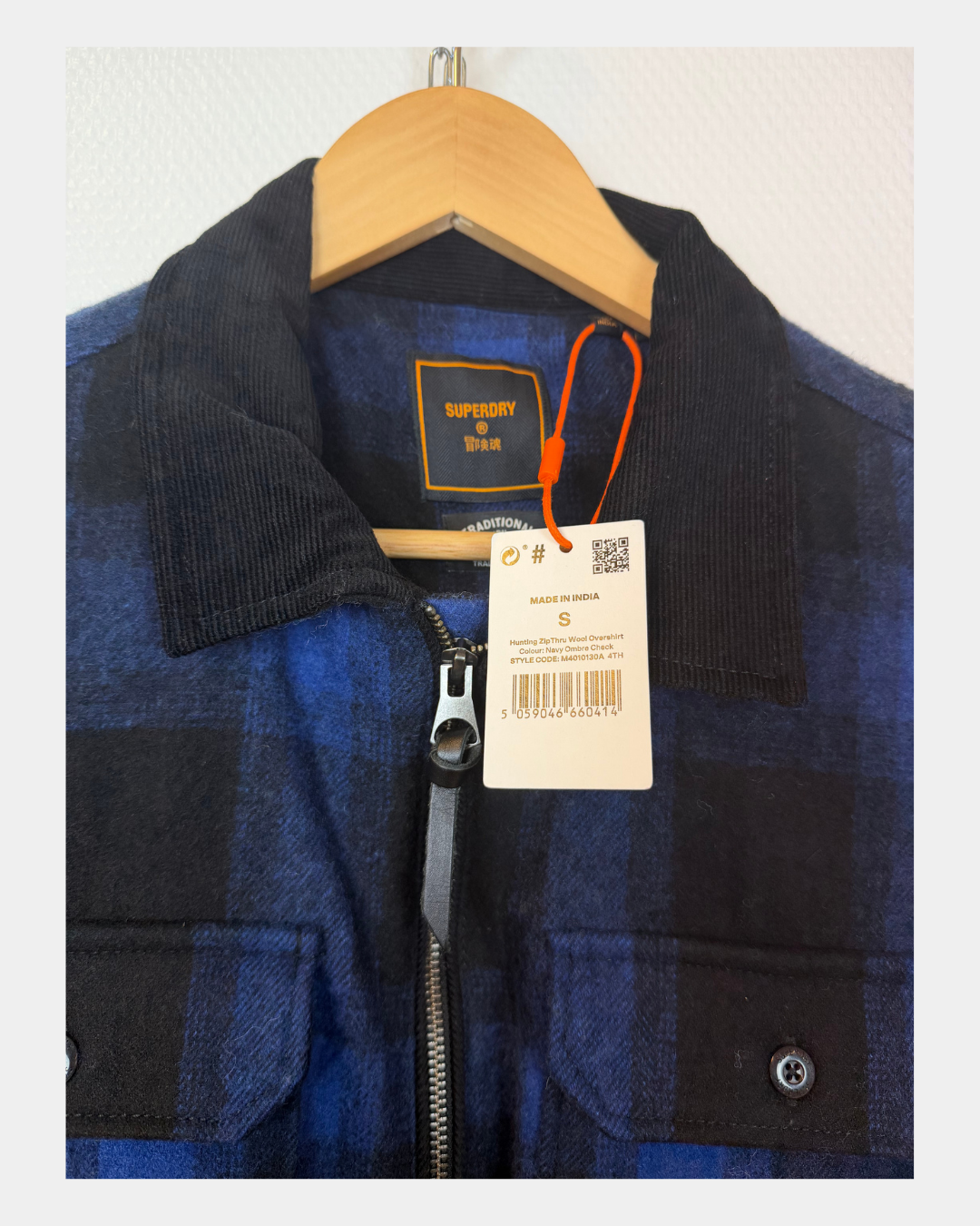 Superdry Hunting Zip Thru Wool Overshirt – tummansininen ruutu, koko S, uusi