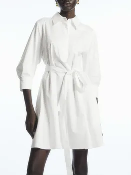 CS white 2023 лятна мода, нова удобни ежедневни версия, рокля-риза с буйни ръкав и възел, секси вечерна рокля