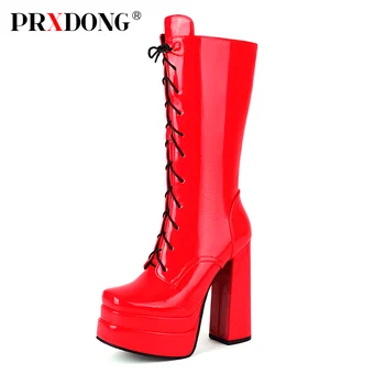 PRXDONG/ Нови Пикантни Обувки на висок Масивна Ток и платформа, черни, Червени, в Римски Стил, Вечерни Сватбени Женски Обувки, Ботуши до средата на прасците, Голям е Размерът на 345-43
