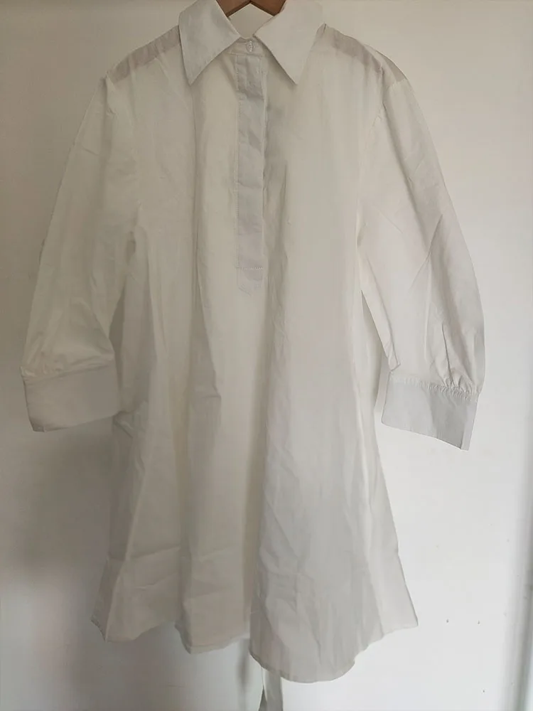 CS white 2023 лятна мода, нова удобни ежедневни версия, рокля-риза с буйни ръкав и възел, секси вечерна рокля