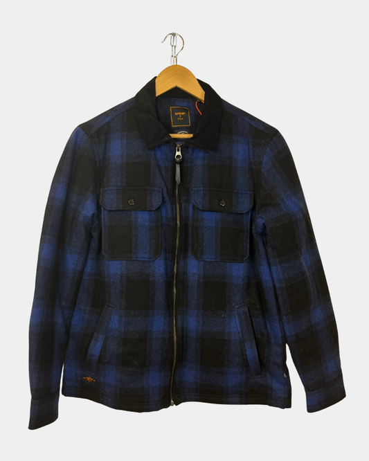 Superdry Hunting Zip Thru Wool Overshirt – tummansininen ruutu, koko S, uusi